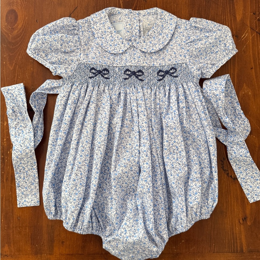 Little English Blue Floral Smocked Baby One-Piece with Bow 24M NEW W/O Tags